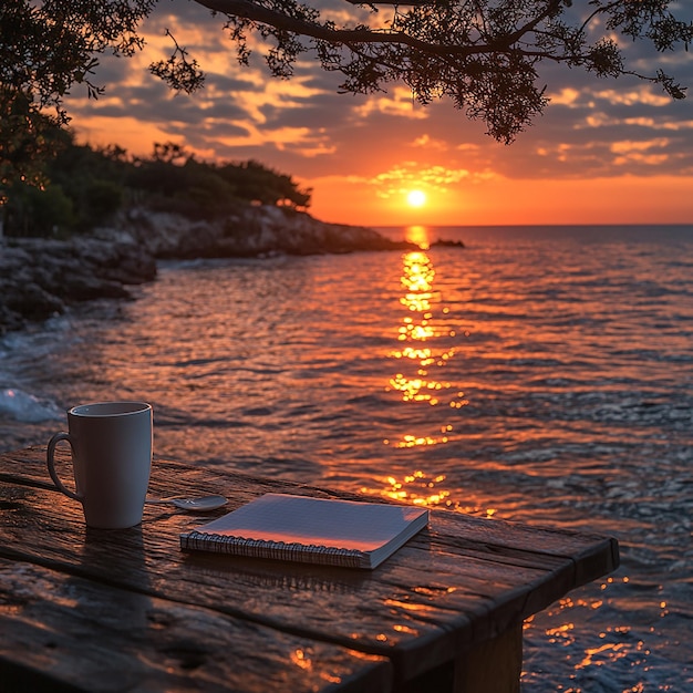 A beautiful sunrise by the beach with a warm inviting glow reflecting on the water In the foregrou