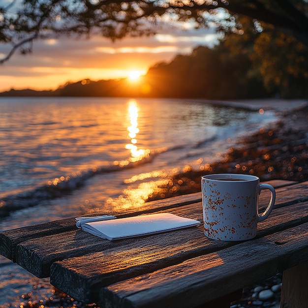 Photo a beautiful sunrise by the beach with a warm inviting glow reflecting on the water in the foregrou