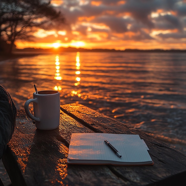 A beautiful sunrise by the beach with a warm inviting glow reflecting on the water In the foregrou