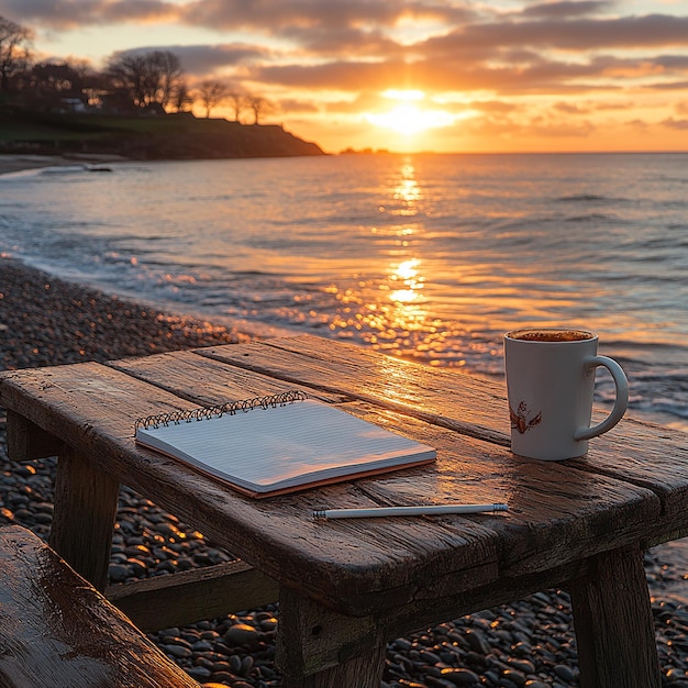 A beautiful sunrise by the beach with a warm inviting glow reflecting on the water In the foregrou