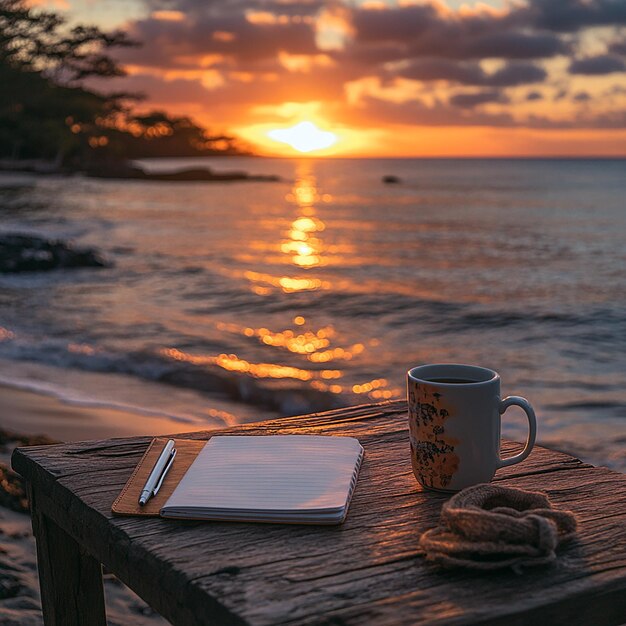 Photo a beautiful sunrise by the beach with a warm inviting glow reflecting on the water in the foregrou