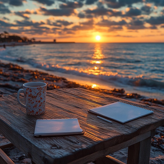 A beautiful sunrise by the beach with a warm inviting glow reflecting on the water In the foregrou