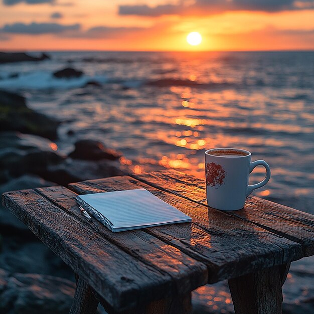 Photo a beautiful sunrise by the beach with a warm inviting glow reflecting on the water in the foregrou