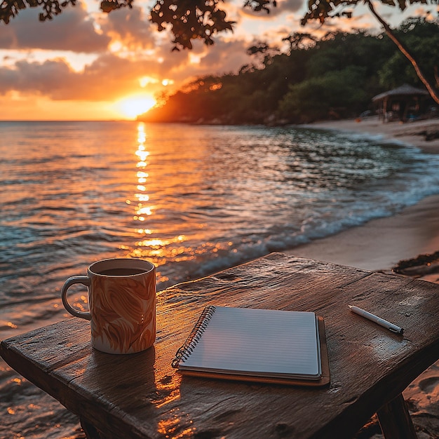 A beautiful sunrise by the beach with a warm inviting glow reflecting on the water In the foregrou