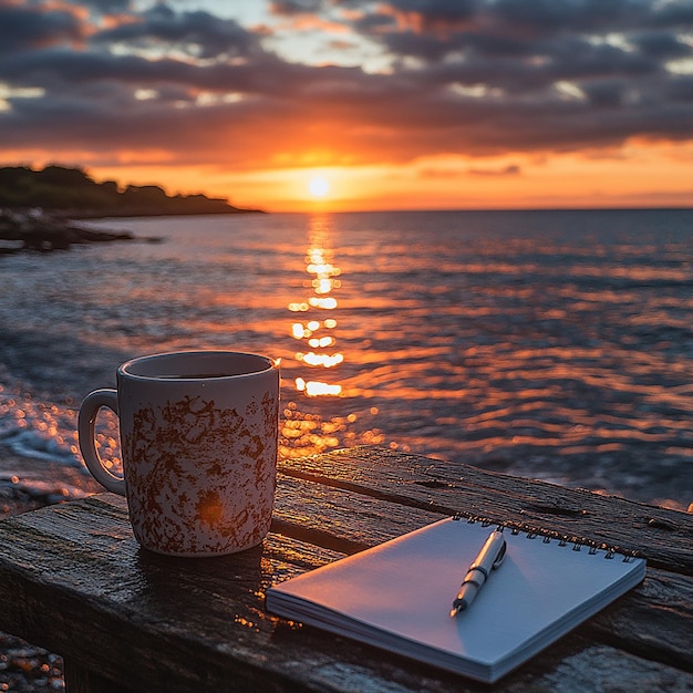 A beautiful sunrise by the beach with a warm inviting glow reflecting on the water In the foregrou