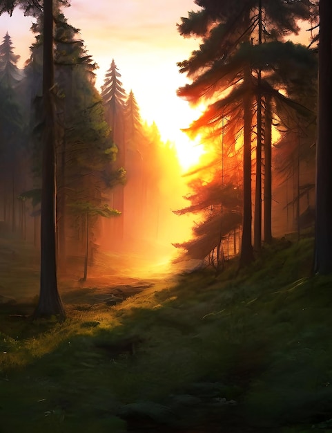 Beautiful sunrise in a forest generative ai