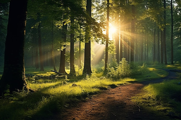 A beautiful sunrise in a forest