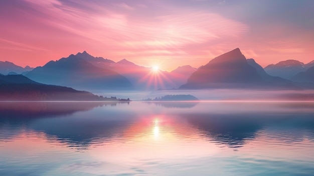 a beautiful sunrise over a lake with mountains in the background