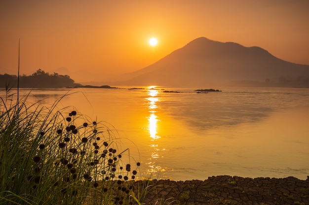 Beautiful sunrise on Mekong river at Chiang Khan, border of Thailand and Laos, Loei province,Thailand.