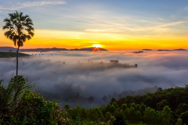 Beautiful Sunrise and the mist at Khao Kho, Phetchabun Province, Thailand.