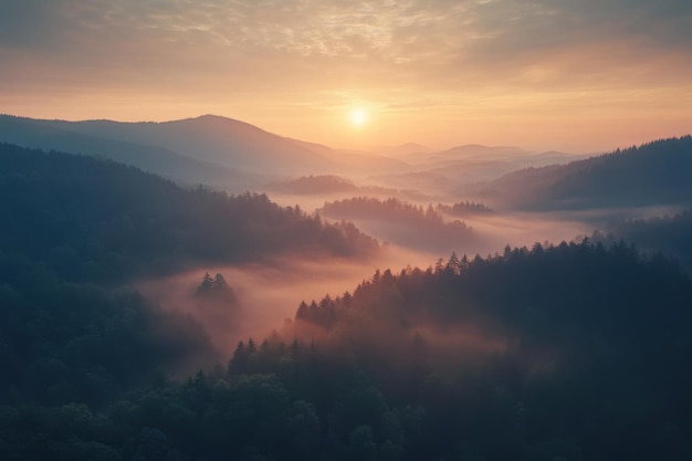 Beautiful sunrise over misty mountains and valleys in a serene landscape during early morning hours