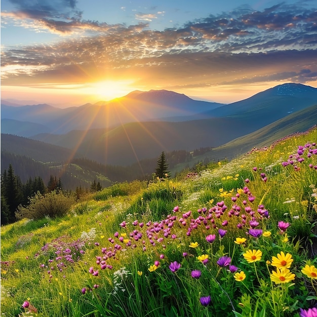 Beautiful Sunrise in Mountain Flowers