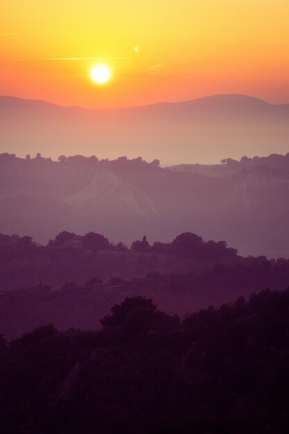 Beautiful sunrise at mountain landscape in summer.