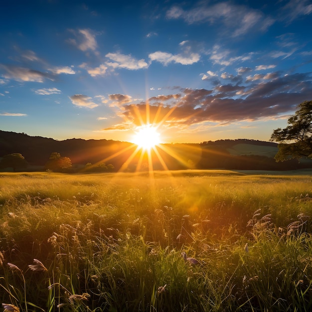 Beautiful sunrise in the mountain Meadow landscape refreshment with sunshine and golden grass