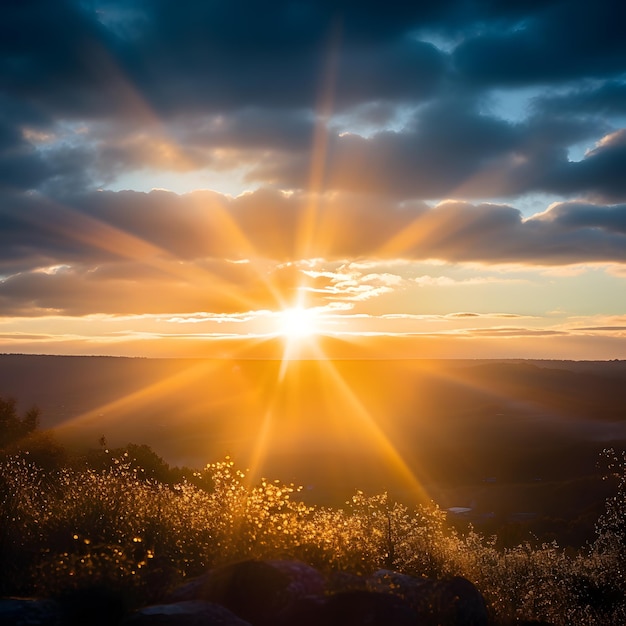 Beautiful sunrise in the mountain Meadow landscape refreshment with sunshine and golden grass