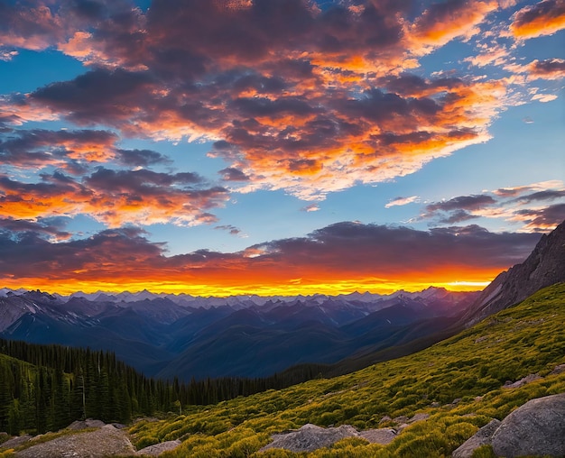 Beautiful sunrise on mountain valley beautiful sunset in the mountains