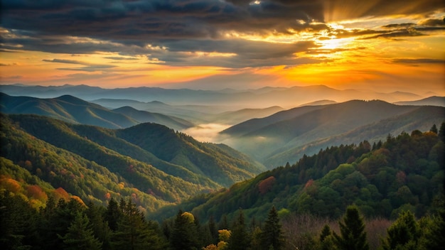 a beautiful sunrise over a mountain valley with a fog in the background