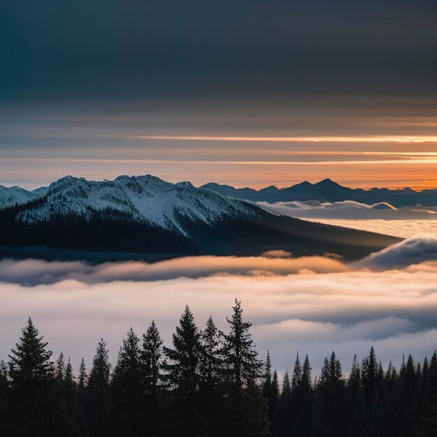 Beautiful sunrise in the mountains Fir trees in the fog and dark silhouettes of mountains at dawn