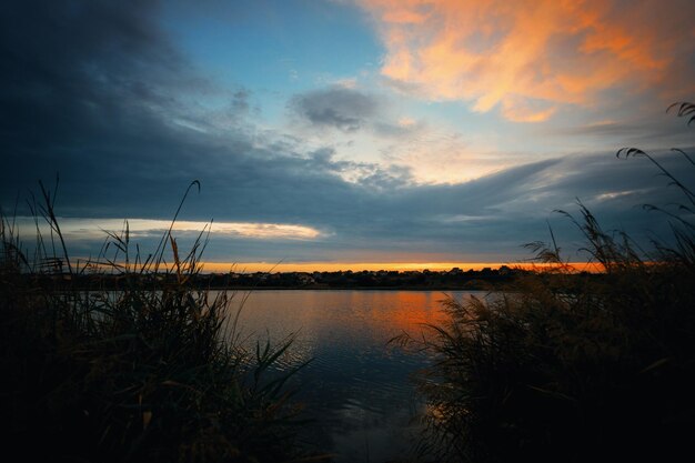 Beautiful sunrise on the river bank place for fishing