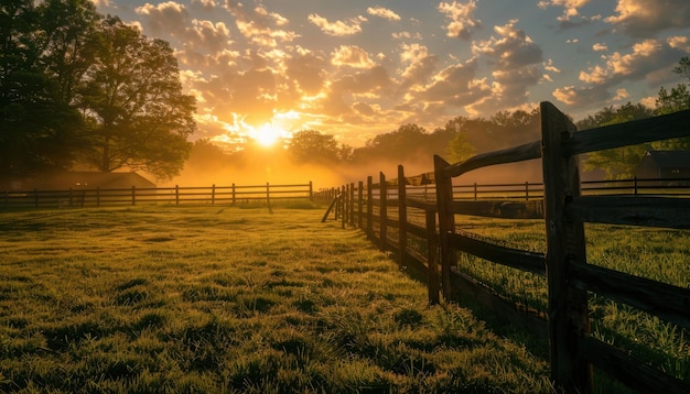 Beautiful sunrise over a rural farmstead with wooden fencing and mist rising from the grassy field