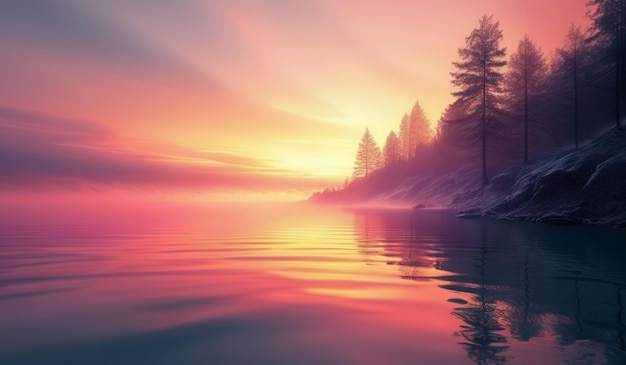 a beautiful sunrise with a lake and trees in the background