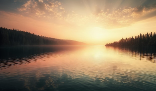 Photo a beautiful sunrise with a lake and trees in the background