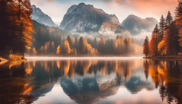 Photo a beautiful sunrise with the mountains reflected in the water