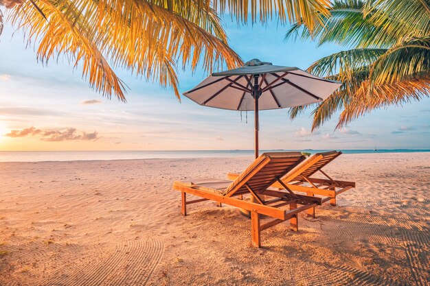 Beautiful sunset beach banner White sand coco palms travel tourism wide panorama background concept