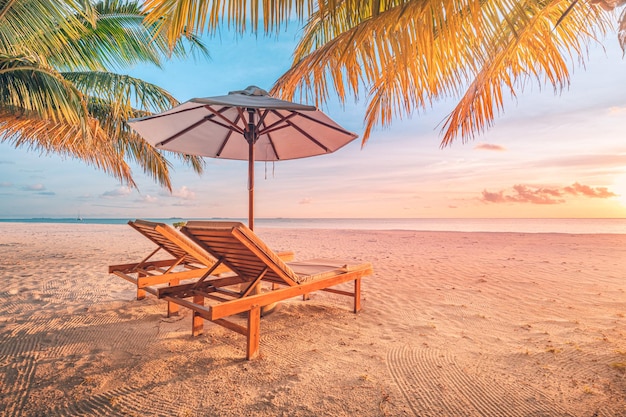 Beautiful sunset beach banner White sand coco palms travel tourism wide panorama background concept