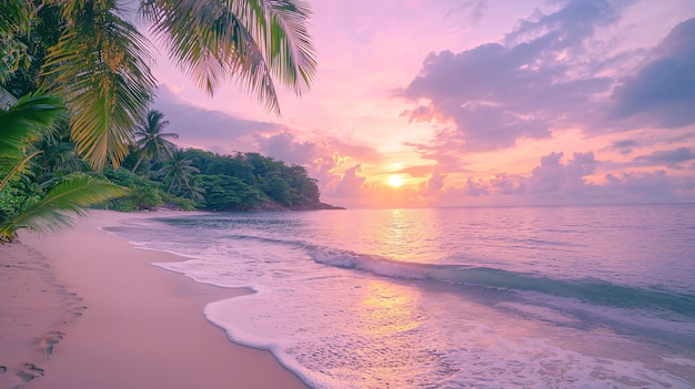 a beautiful sunset on the beach with palm trees and the ocean