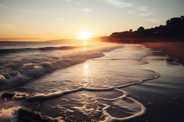 Beautiful sunset on the beach with waves in the foreground long exposure