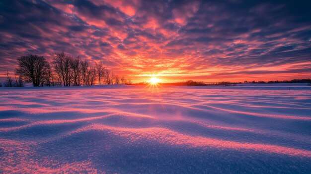 Photo beautiful sunset casting warm hues over snowy field a picturesque sunset over vast snowy landscape