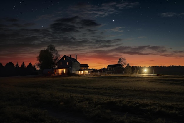 Beautiful sunset in the countryside Rural landscape with a house at night