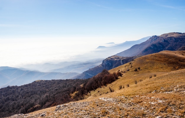 Beautiful sunset in the Crimean mountains, Crimea. Majestic sunset in the mountains landscape with sunny beams.