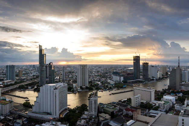 Beautiful sunset curve Chao Phraya River panoramic Cityscape urban landscape