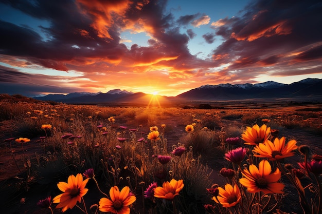 Beautiful sunset in the desert with flowers and mountains in the background