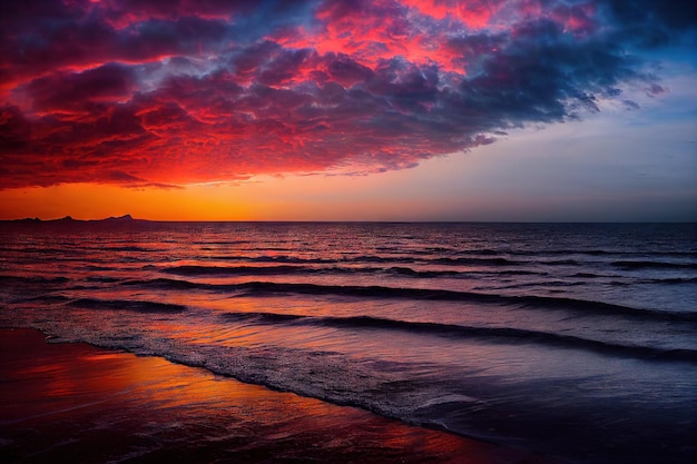 Beautiful sunset dramatic sky on sea with sun and waves