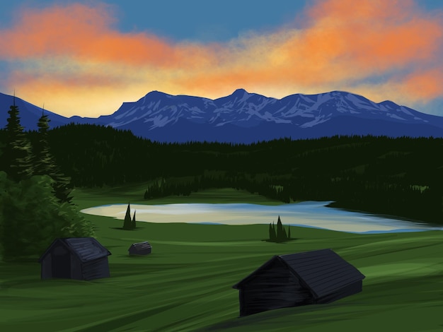 Beautiful sunset illustration of Bavaria