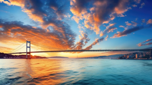 Beautiful sunset in Istanbul Turkey with a panoramic view of the Bosphorus Bridge and a cloudy blue sky