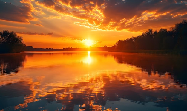 Beautiful sunset on the lake Landscape with the image of a lake at sunset