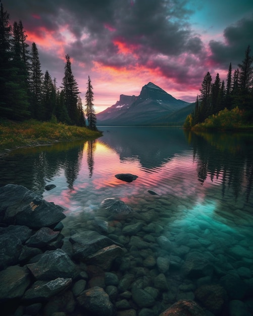 A beautiful sunset over a lake with a mountain in the background.