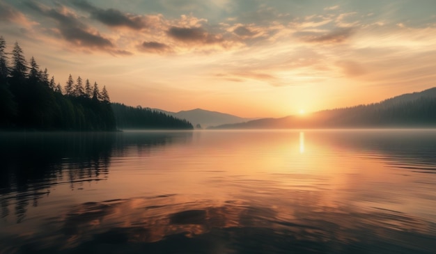 Photo a beautiful sunset over a lake with a mountain view