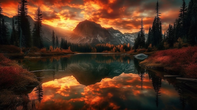 A beautiful sunset over a lake with mountains in the background.