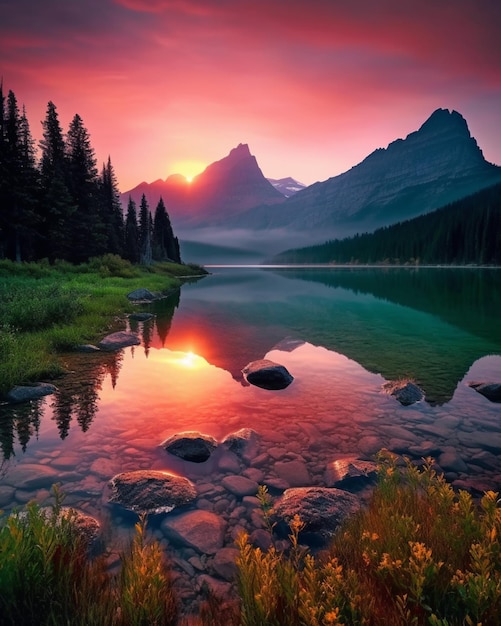 A beautiful sunset over a lake with mountains in the background.