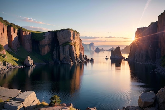 A beautiful sunset over a lake with a rocky cliff and the sun shining through the clouds.