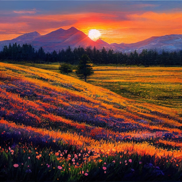 Beautiful sunset landscape of mountains and fields with flowers at sunset