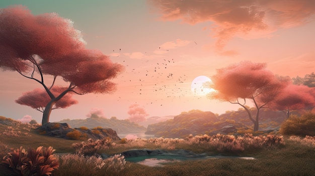 Beautiful sunset landscape with clouds birds and trees Illustration art