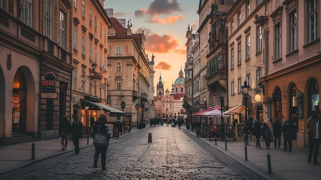 A beautiful sunset lights up the sky over a charming European street