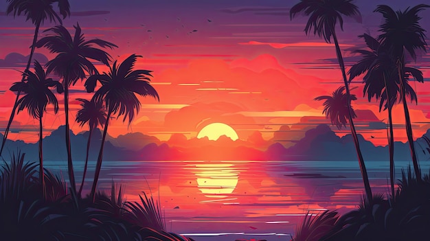 Beautiful sunset llustration with warm colors mountains lake and palms