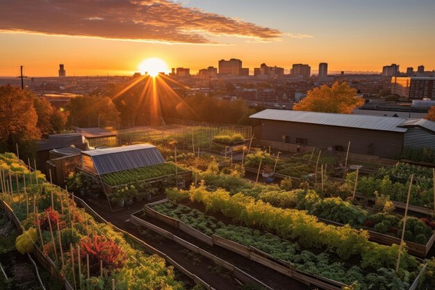 Beautiful sunset over a lush vegetable garden Urban agricultural concept Generative AI